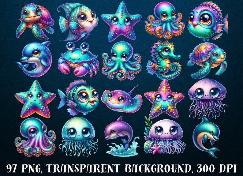 May include: A set of 20 colorful cartoon sea creature illustrations with iridescent details. The illustrations include a starfish, octopus, seahorse, jellyfish, dolphin, crab, and fish. The illustrations are on a transparent background.