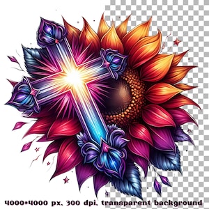 May include: A vibrant, colorful cross with a glowing light emanating from its center, superimposed over a large, red and orange sunflower with intricate details. The cross is a symbol of faith and hope, while the sunflower represents joy and optimism.