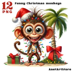 Monkey clipart, Hawaii clipart, Funny monkey png, Christmas monkey, Christmas clipart, Cute monkey clipart, Cheerful monkey illustration