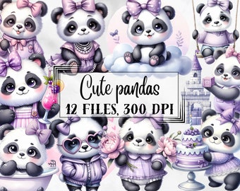 Puede incluir: Doce ilustraciones digitales de pandas de dibujos animados lindos en varias poses con ropa morada y rosa. El texto "Cute pandas 12 FILES, 300 DPI" está en el centro de la imagen.