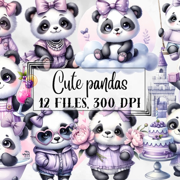 Pandas clipart, cute baby girl pandas png, little pandas clip art, Sublimation design download, Digital design