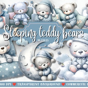Teddy bears sublimation, cute bears sleeping png, bedroom clip art, bears in pyjamas, Sublimation design download, Digital design