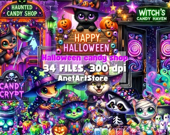 Clipart de magasin de bonbons Halloween, png drôle d'Halloween, clipart effrayant, mignon clipart Halloween, décoration d'art mural, bonbons d'Halloween png