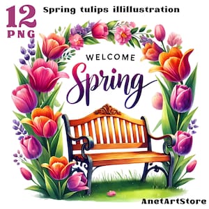May include: A digital illustration of a wooden bench with a floral wreath of tulips surrounding it. The wreath says "Welcome Spring" in a decorative font. The image is set against a white background.