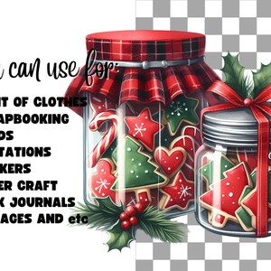 May include: Two glass jars filled with Christmas-themed cookies. The jars are decorated with red and green plaid fabric and a red ribbon. The text "You can use for" is visible on the left side of the image.