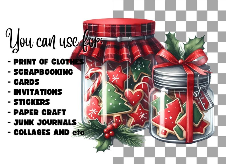 May include: Two glass jars filled with Christmas-themed cookies. The jars are decorated with red and green plaid fabric and a red ribbon. The text "You can use for" is visible on the left side of the image.