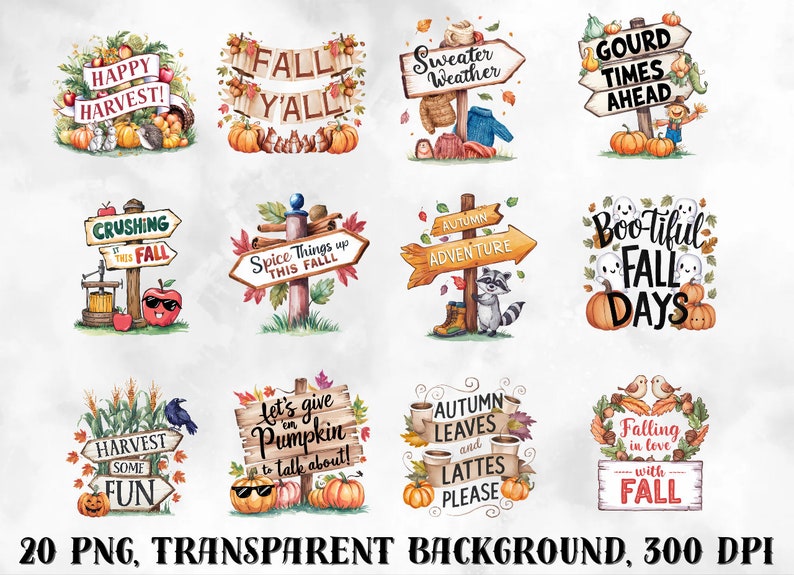 May include: A collection of 12 watercolor-style fall-themed graphics with text. Each graphic features pumpkins, leaves, and other autumn elements. Text includes phrases like "Happy Harvest!" and "Fall Y'all."