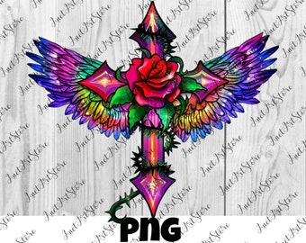 Cross with a rose PNG, Cross with wings PNG, Wall Art Decor, Fashion, Girl, Printable Digital Download, Animal Prints, print, clipart