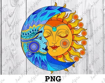 Mandala PNG, maan en zon mandala print, mandala digitaal bestand, kleurrijke png, afdrukbare digitale download, dierenprints, clipart