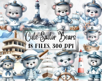 Teddy bear clipart, cute baby boy bear png, sailor clipart, birthday clipart, Sublimation design download, Digital design