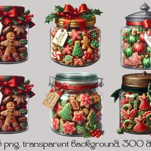 May include: Six glass jars filled with Christmas cookies. The jars are decorated with red and green ribbons and bows. The cookies are gingerbread men, stars, and Christmas trees. The jars have the text "Merry Christmas" on them.