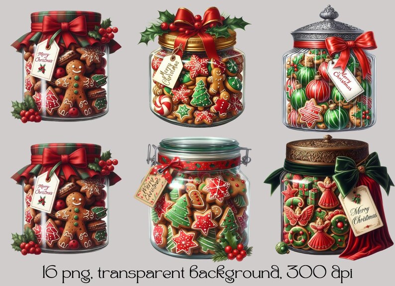 May include: Six glass jars filled with Christmas cookies. The jars are decorated with red and green ribbons and bows. The cookies are gingerbread men, stars, and Christmas trees. The jars have the text "Merry Christmas" on them.