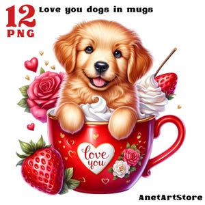 Clipart chien clipart Saint-Valentin clipart chiot amour amoureux des chiens Chiot dans une tasse Chien dans une tasse Illustration de la Saint-Valentin Carte d'amour
