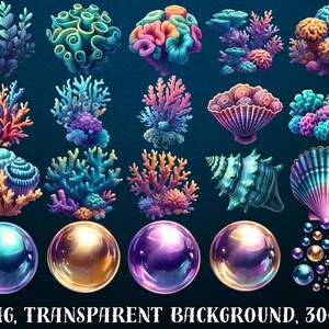 May include: A set of 97 digital illustrations of colorful coral, seashells, and bubbles. The illustrations are perfect for adding a touch of ocean life to your designs.