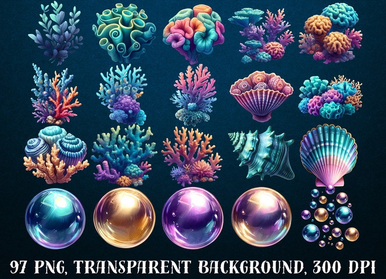 May include: A set of 97 digital illustrations of colorful coral, seashells, and bubbles. The illustrations are perfect for adding a touch of ocean life to your designs.