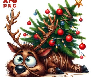 Reindeer clipart, Christmas deer clipart, Winter clipart Funny Christmas clipart Funny deer png Comic deer images Holiday png Christmas tree