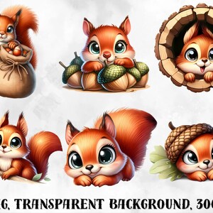 May include: Set of eight digital illustrations of cute cartoon squirrels with large eyes. The squirrels are in various poses, including holding acorns, sitting in a tree, and peeking out of a tree trunk. The illustrations have a transparent background.