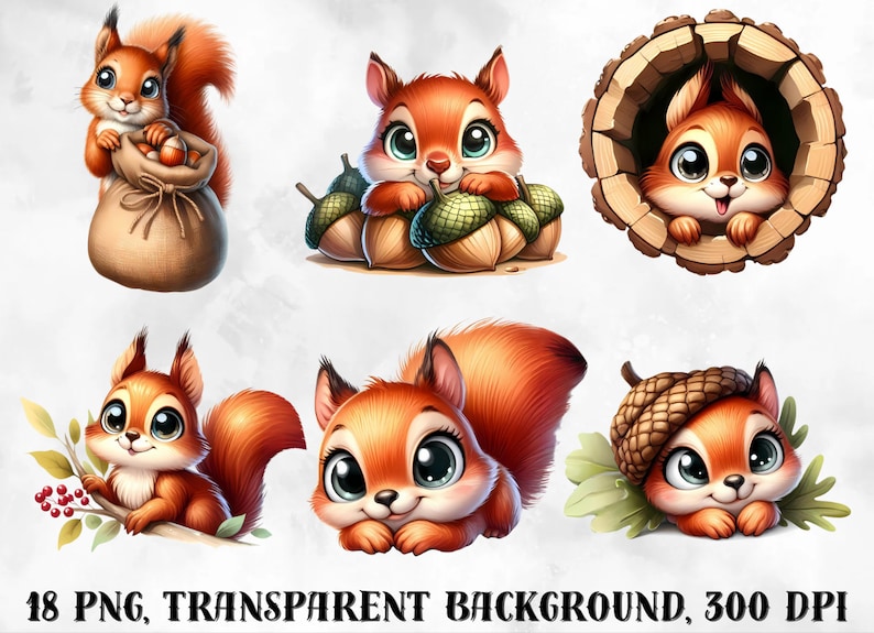 May include: Set of eight digital illustrations of cute cartoon squirrels with large eyes. The squirrels are in various poses, including holding acorns, sitting in a tree, and peeking out of a tree trunk. The illustrations have a transparent background.