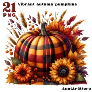 Può includere: Una zucca arancione vibrante con un motivo a quadri rossi e neri è circondata da girasoli, steli di grano e foglie autunnali. Il testo "21 PNG" è nell'angolo in alto a sinistra dell'immagine.