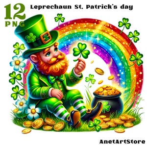 May include: A cartoon leprechaun wearing a green hat and holding a four-leaf clover sits in front of a rainbow with a pot of gold at the end. The leprechaun is surrounded by shamrocks and gold coins.