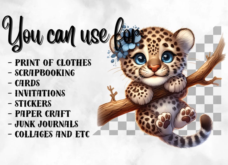 K&ouml;nnte beinhalten: Eine digitale Illustration eines niedlichen Cartoon-Leopard-Jungtiers mit blauen Augen, das auf einem Ast sitzt. Das Leopard-Jungtier tr&auml;gt eine blaue Blumenkrone. Das Bild ist auf einem wei&szlig;en Hintergrund mit einem karierten Muster.