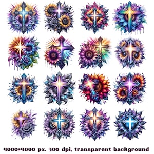 May include: A digital illustration of 16 colorful crosses surrounded by sunflowers. The crosses are a dark blue with a bright light shining through them. The sunflowers are a mix of purple, yellow, and red.