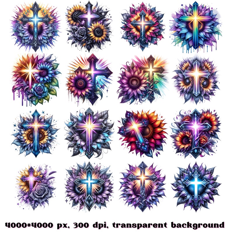 May include: A digital illustration of 16 colorful crosses surrounded by sunflowers. The crosses are a dark blue with a bright light shining through them. The sunflowers are a mix of purple, yellow, and red.