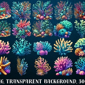 May include: A collection of 24 colorful digital illustrations of coral reefs, starfish, and seashells. The illustrations are perfect for adding a touch of ocean life to your designs.