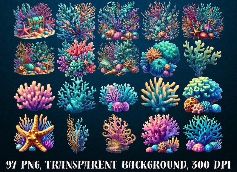 May include: A collection of 24 colorful digital illustrations of coral reefs, starfish, and seashells. The illustrations are perfect for adding a touch of ocean life to your designs.