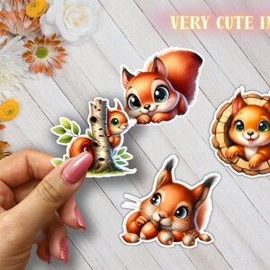 May include: Four cute cartoon squirrel stickers with different poses. One squirrel is holding a nut, another is peeking out of a tree trunk, and two are sitting on a branch.