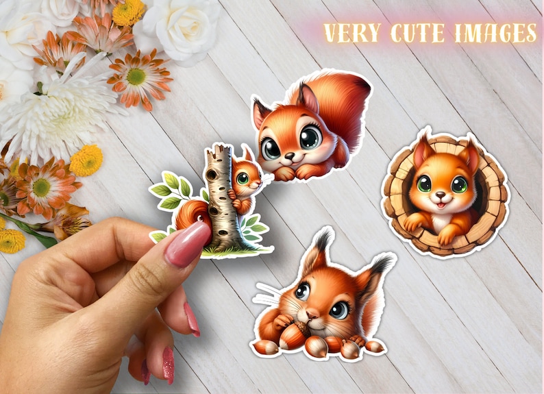 May include: Four cute cartoon squirrel stickers with different poses. One squirrel is holding a nut, another is peeking out of a tree trunk, and two are sitting on a branch.