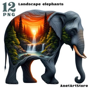 May include: A digital illustration of a grey elephant with a landscape scene inside its body. The scene features a waterfall, a lake, and a forest with trees and a sunset sky.