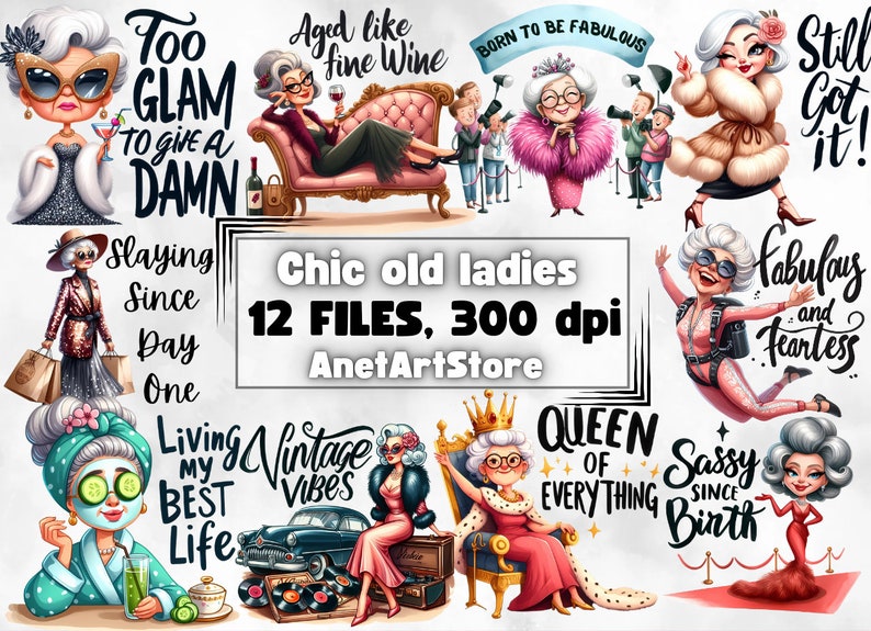 Grandma clipart, grandmother clipart, funny grandma clipart, old ladies, positive clipart, Printable Digital Download,Animal Prints image 1