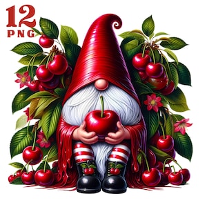 Peut inclure: Un gnome rouge avec une barbe blanche est assis dans un cerisier. Le gnome tient une cerise rouge dans ses mains. Le gnome porte un chapeau rouge et une chemise à rayures rouges et blanches. Il y a beaucoup de cerises rouges autour du gnome.