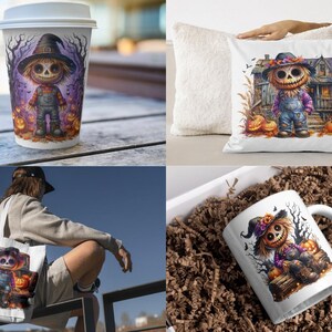 May include: A set of Halloween-themed products featuring a cartoon scarecrow with a pumpkin head. The set includes a tote bag, a coffee mug, a pillow, and a travel mug. The scarecrow is wearing a witch's hat and overalls and is surrounded by pumpkins.