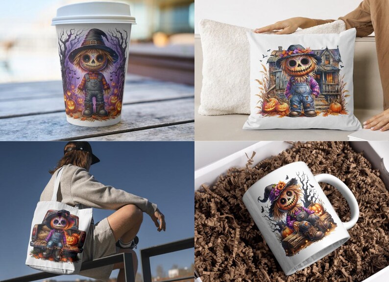 May include: A set of Halloween-themed products featuring a cartoon scarecrow with a pumpkin head. The set includes a tote bag, a coffee mug, a pillow, and a travel mug. The scarecrow is wearing a witch's hat and overalls and is surrounded by pumpkins.