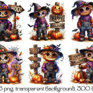 May include: Six digital illustrations of scarecrows with pumpkin faces, wearing hats and overalls. Each scarecrow is holding a sign with Halloween greetings, such as "Happy Halloween" and "Boo!" The background is white.