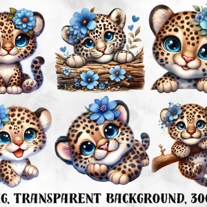 K&ouml;nnte beinhalten: Zw&ouml;lf digitale Illustrationen von niedlichen Baby Leoparden mit blauen Blumen auf dem Kopf. Die Leoparden sind in verschiedenen Posen, darunter sitzend, liegend und kletternd auf einem Ast.