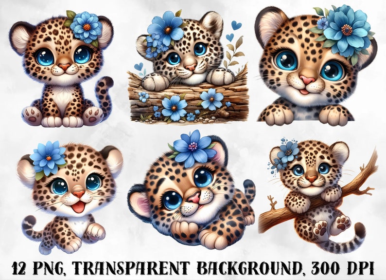K&ouml;nnte beinhalten: Zw&ouml;lf digitale Illustrationen von niedlichen Baby Leoparden mit blauen Blumen auf dem Kopf. Die Leoparden sind in verschiedenen Posen, darunter sitzend, liegend und kletternd auf einem Ast.
