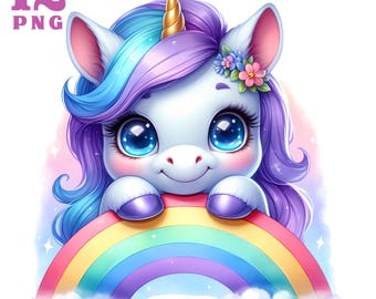 Imágenes prediseñadas de unicornio, imágenes PNG de unicornio, ilustraciones de unicornio, pegatinas de unicornio, gráficos de unicornio arcoíris, imágenes prediseñadas de fantasía, arte de unicornio para cumpleaños de niños
