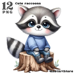 Puede incluir: Un adorable mapache de dibujos animados con un suéter azul y jeans se sienta en un tocón de árbol. El mapache tiene una cola rayada de blanco y negro y grandes ojos azules.