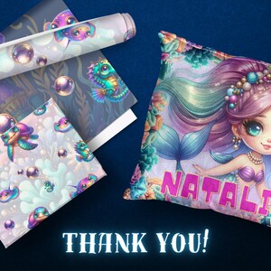 May include: Two fabric designs featuring a mermaid, seahorse, and turtle with iridescent bubbles. A pillow with a mermaid design and the name "NATALI" in pink letters.