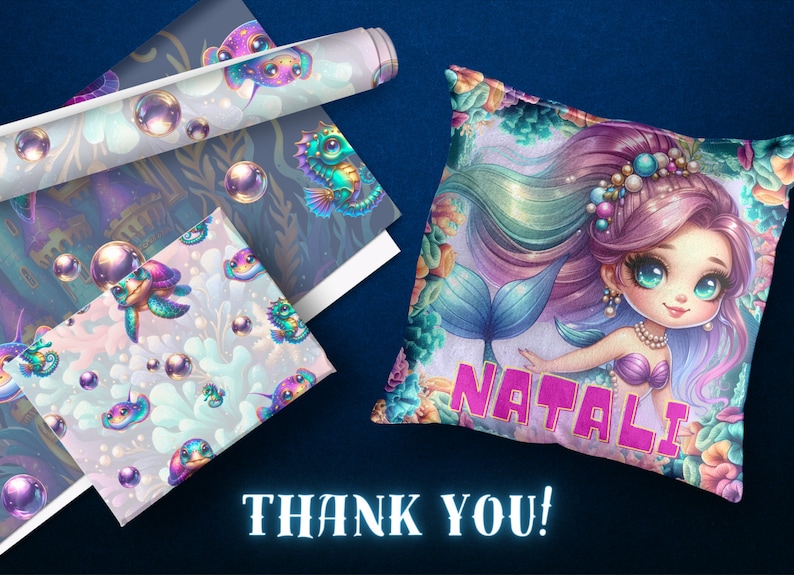 May include: Two fabric designs featuring a mermaid, seahorse, and turtle with iridescent bubbles. A pillow with a mermaid design and the name "NATALI" in pink letters.