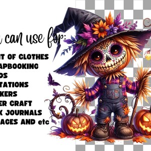 May include: A digital illustration of a pumpkin-headed scarecrow wearing a witch's hat with purple and orange flowers. The scarecrow is holding a stick with a pumpkin on the end. The background is a checkered pattern.