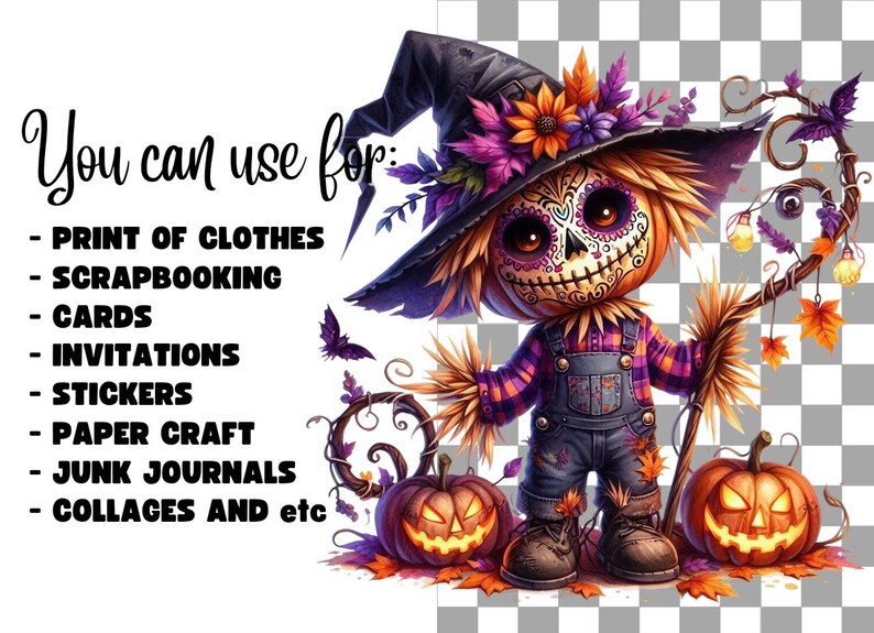 May include: A digital illustration of a pumpkin-headed scarecrow wearing a witch's hat with purple and orange flowers. The scarecrow is holding a stick with a pumpkin on the end. The background is a checkered pattern.
