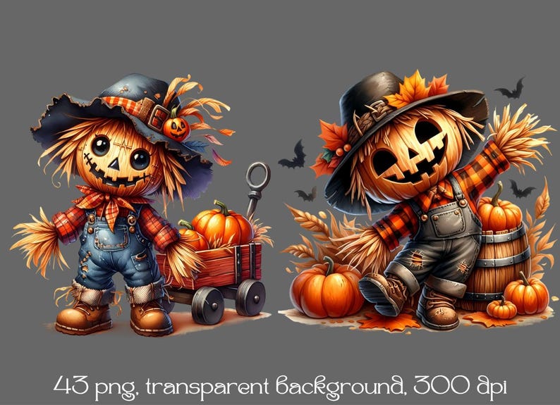 May include: Two Halloween scarecrows with pumpkin heads, one in a red and black plaid shirt and blue overalls, the other in a red and black plaid shirt and black overalls. Both are holding pumpkins and surrounded by fall foliage.
