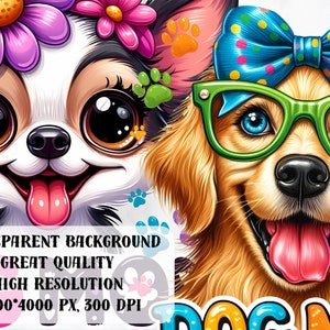 May include: Two cartoon dogs with big eyes and happy expressions. The dog on the left is a chihuahua with a flower crown and the dog on the right is a golden retriever with a blue bow and green glasses. The background is white with paw prints.