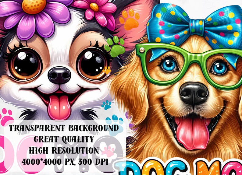 May include: Two cartoon dogs with big eyes and happy expressions. The dog on the left is a chihuahua with a flower crown and the dog on the right is a golden retriever with a blue bow and green glasses. The background is white with paw prints.