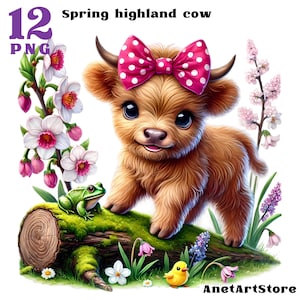 Clipart di primavera Clipart di mucca delle Highland primaverili png Clipart di cucciolo di mucca primaverile carino Illustrazione di bambino delle Highlands Acquerello di fiori primaverili clipart