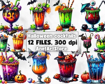 May include: Twelve Halloween-themed cocktail illustrations with various spooky and colorful ingredients, including candy, eyeballs, bats, and pumpkins. The text "Halloween cocktails 12 FILES, 300 dpi AnetArtStore" is displayed in the center of the image.